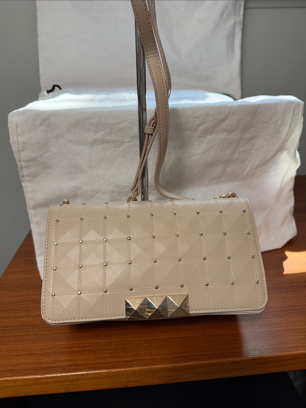 Rebecca Minkoff Nude Quilted Studded Crossbody Bag with Gold Hardware